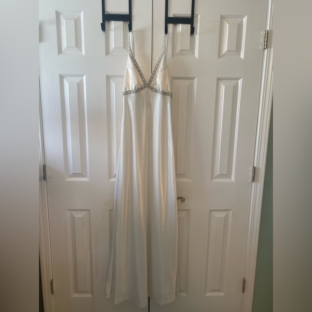 Beautiful Off-White Satin & Beaded Prom Dress